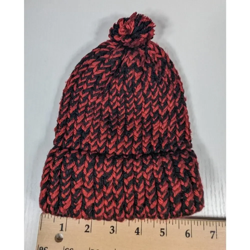 Crochet Hat Youth Size Homeade Red Black Pom Beanie